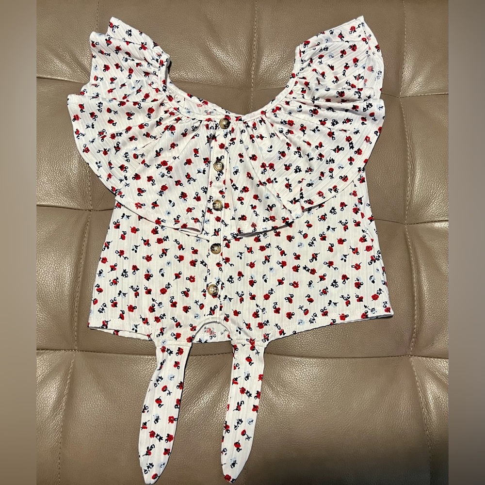 Justice Girls 6 White floral ruffle flounce tie front blouse